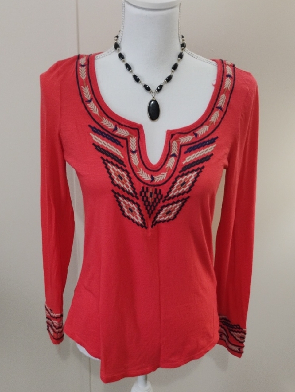 Lucky Brand Coral Embroidered Long-Sleeve Scoop Neck Top